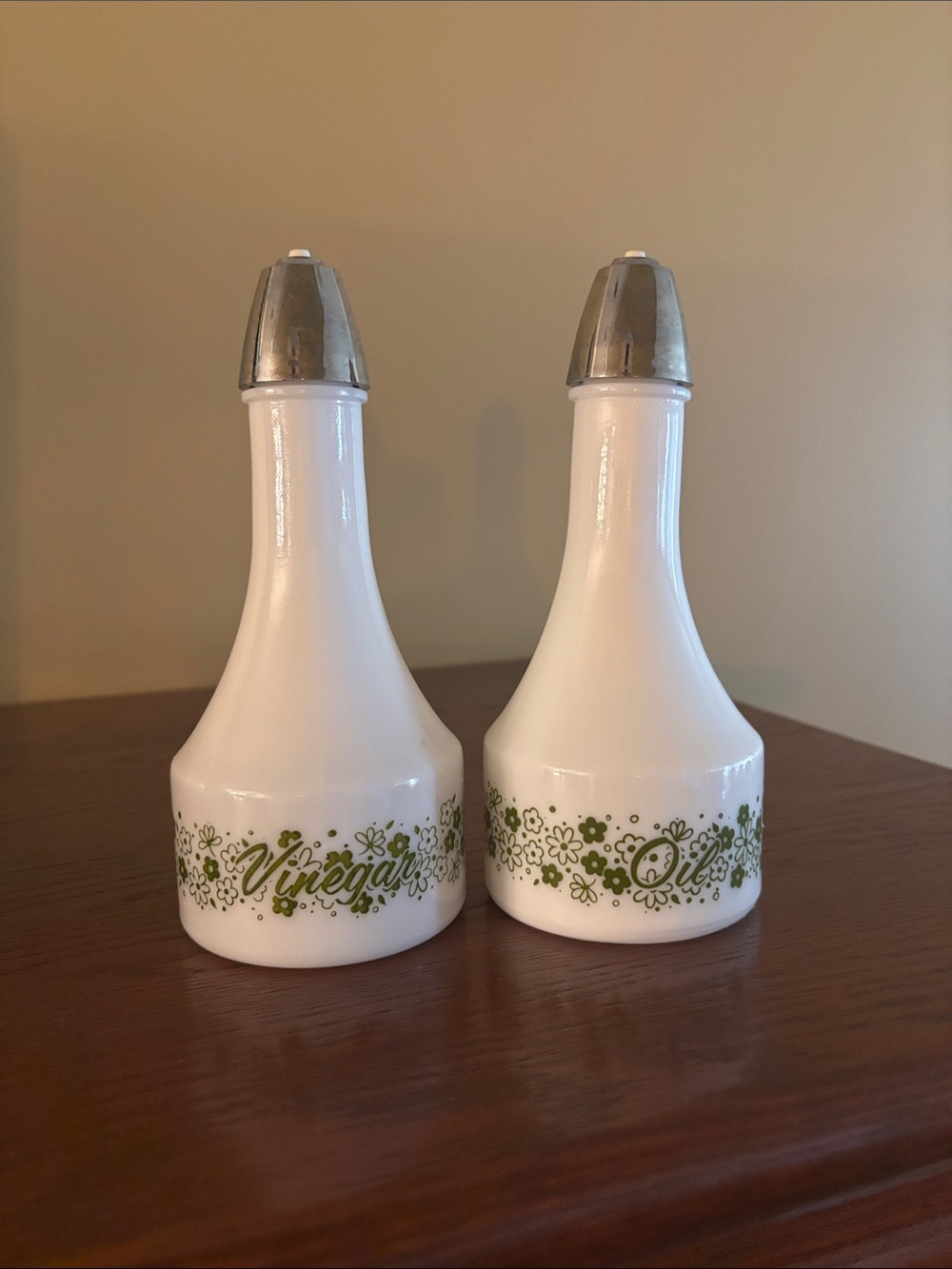 White Glass Oil & Vinegar Bottles with Green Floral Design.